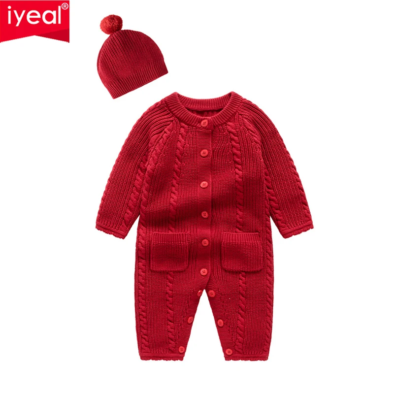 

IYEAL Cotton Knitted Baby Rompers With Hat 2PCS Winter Crawling Kids Clothes Jumpsuit Newborn Baby Boy Girl Christmas Costume