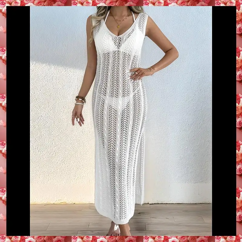 Abito da spiaggia con spacco laterale e bretelle alla moda con scollo a V e taglio per le vacanze