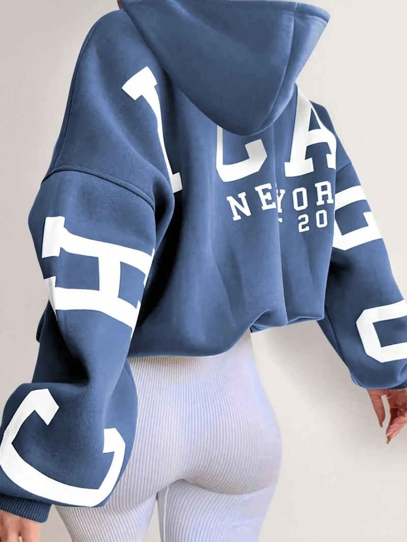Sudadera con capucha de manga larga con estampado de letras, sudaderas con capucha informales con manga con cordón y hombros caídos para primavera y otoño para mujer