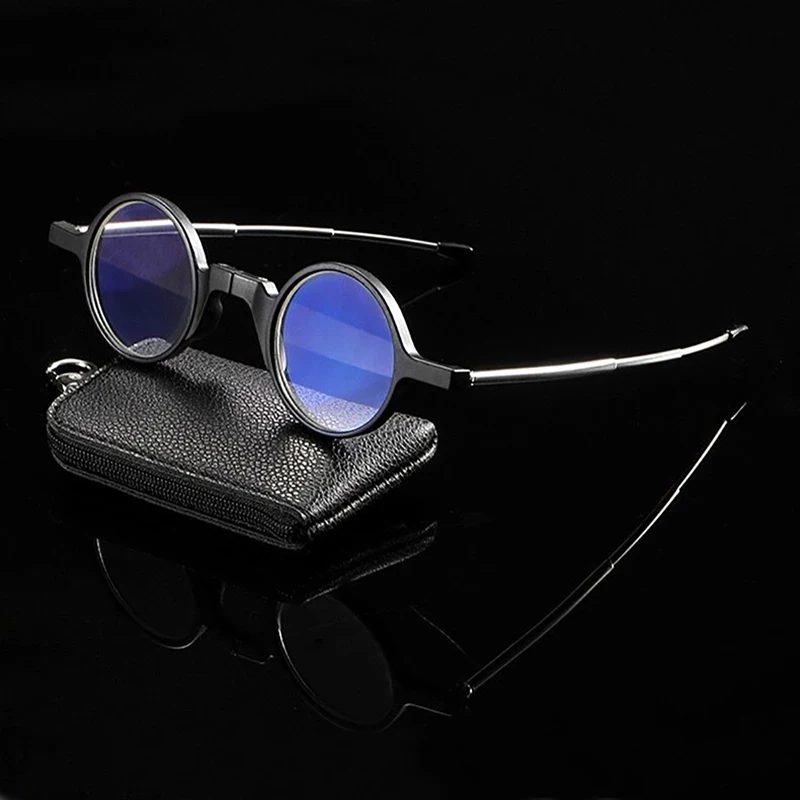 Portable smart anti-blue light glasses, folding round reading glasses for men and women,, Send leather glasses case