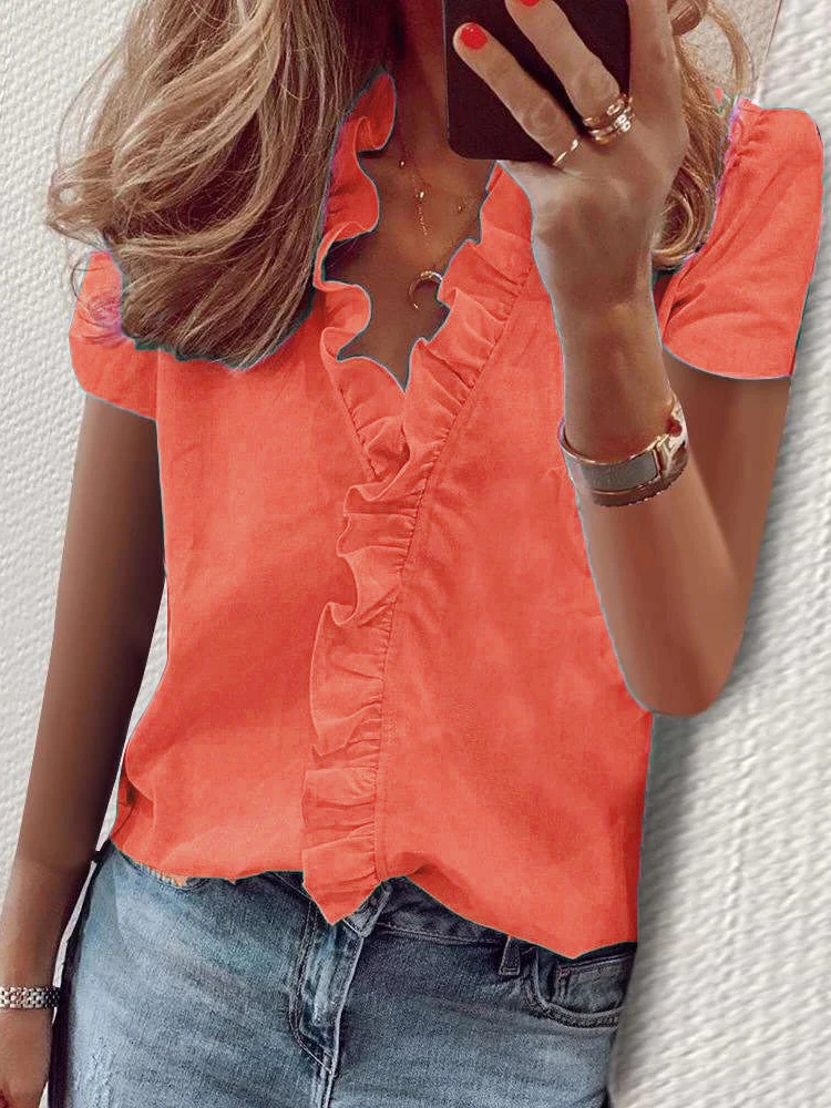 Casual Short Sleeve V Neck Ruffles Blouses Elegant Office Lady Shirts Summer Vintage Harajuku Loose Tops Female Boho Tunic
