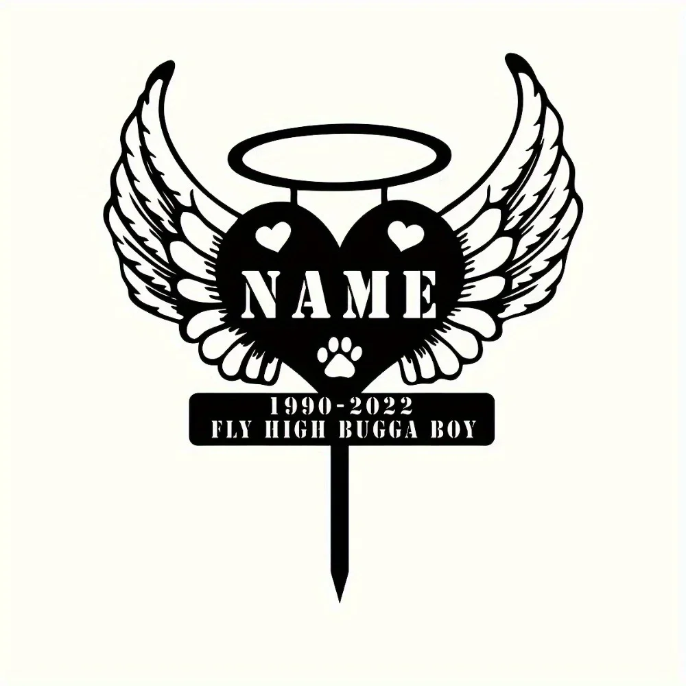 Unique Personalized Pet Sympathy Stake. Handmade, Rustic Metal with Heart & Angel Wings. Ideal Garden Memorial Sign.