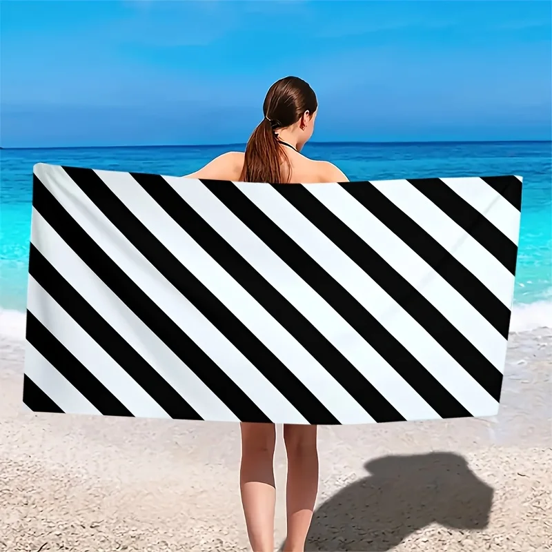 Black White Diagonal Stripe Beach Towel, Oversized Soft Microfiber Bath Towel, Quick Dry Summer Beach Blanket 1pcs