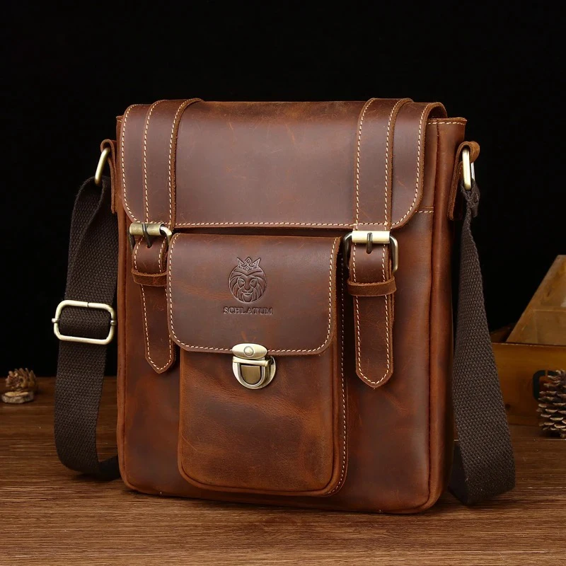 High Quality Crazy Horse Genuine Leather Male Messenger Bags Vintage Brown Crossbody Bag Quality Fashion Shoulder Bag for Men