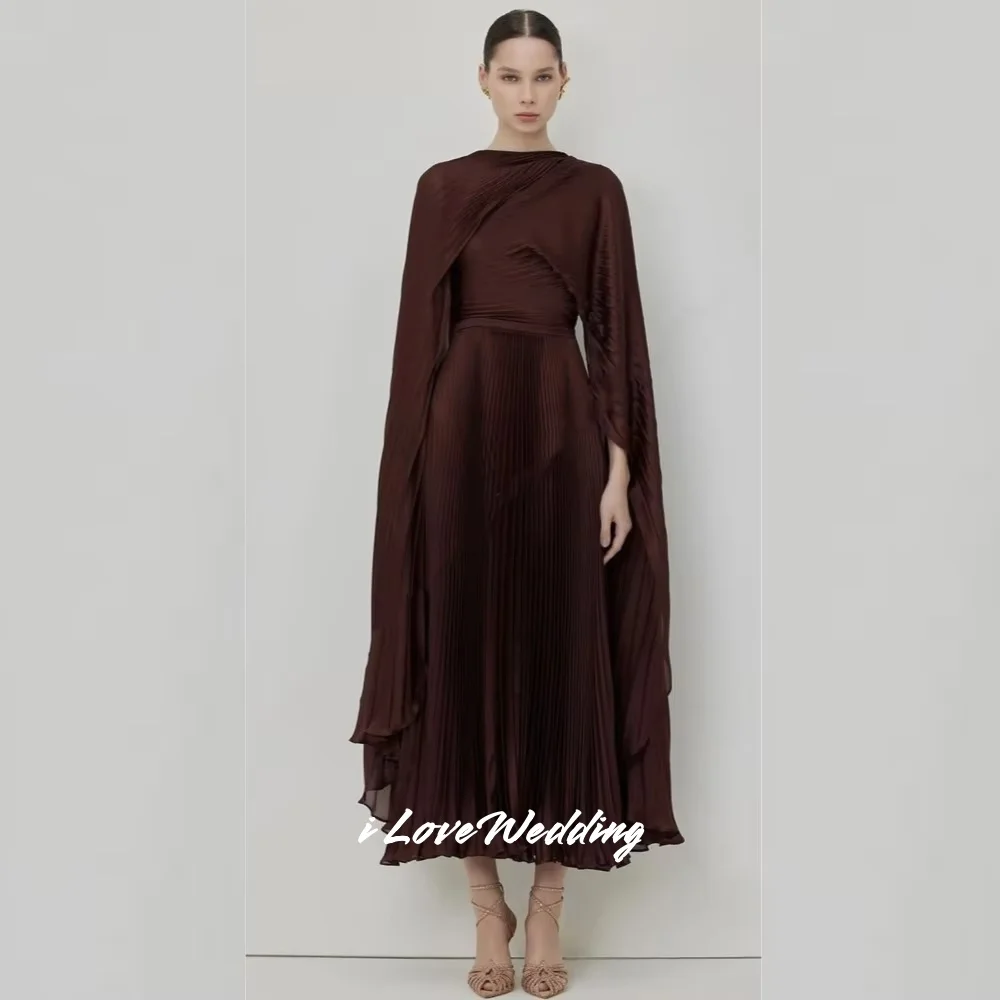 فساتين سهرة بنية بياقة عالية 2025 بأكمام طويلة شال على شكل حرف a للحفلات الراقصة بطول الشاي مطوي فساتين حفلات الزفاف حسب الطلب