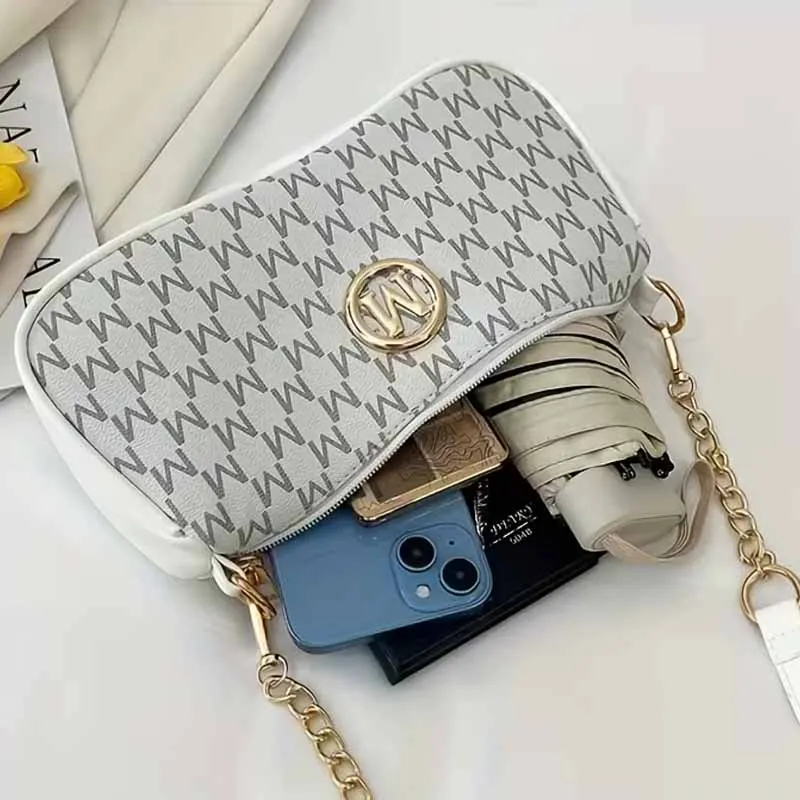 Modische Damen-Handtasche mit geometrischem Muster, Ketten-Unterarmtasche, Metall-Logo-Dekor, leichte Schulter- und Umhängetasche für den täglichen Gebrauch – Detail 2