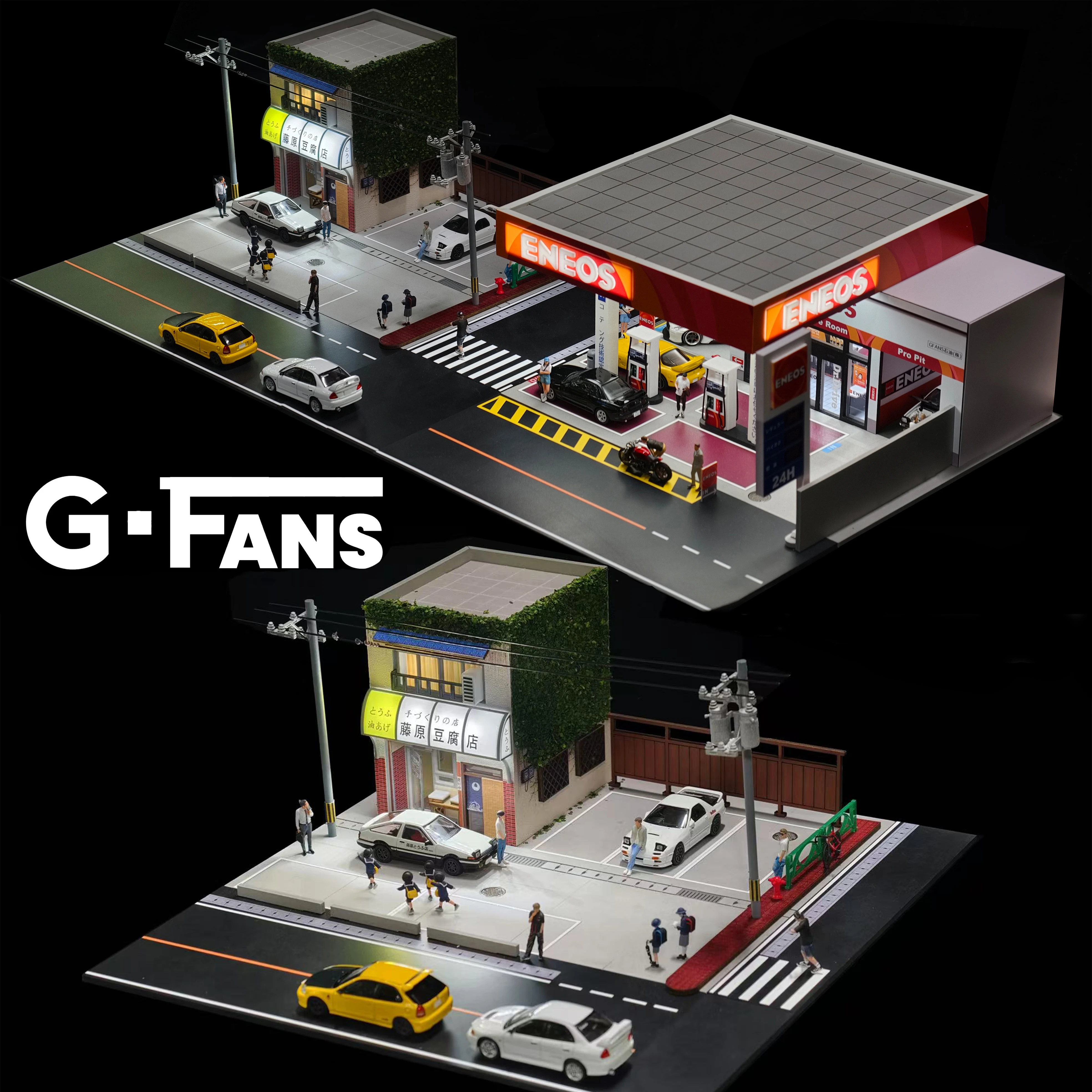 G FANS 1:64 Car Garage Models Shop Parking Building Led Diorama Building Scene Model with Lights Car Garage Diorama Scene Model
