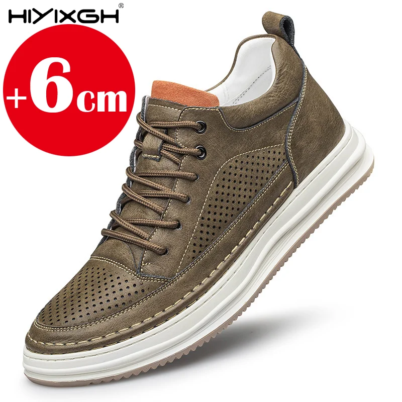 

Men's Summer 6CM Height Increase Genuine Leather Hollow Out Casual Elevator Shoes Breathable Comfortable Sneakers Walking Shoes