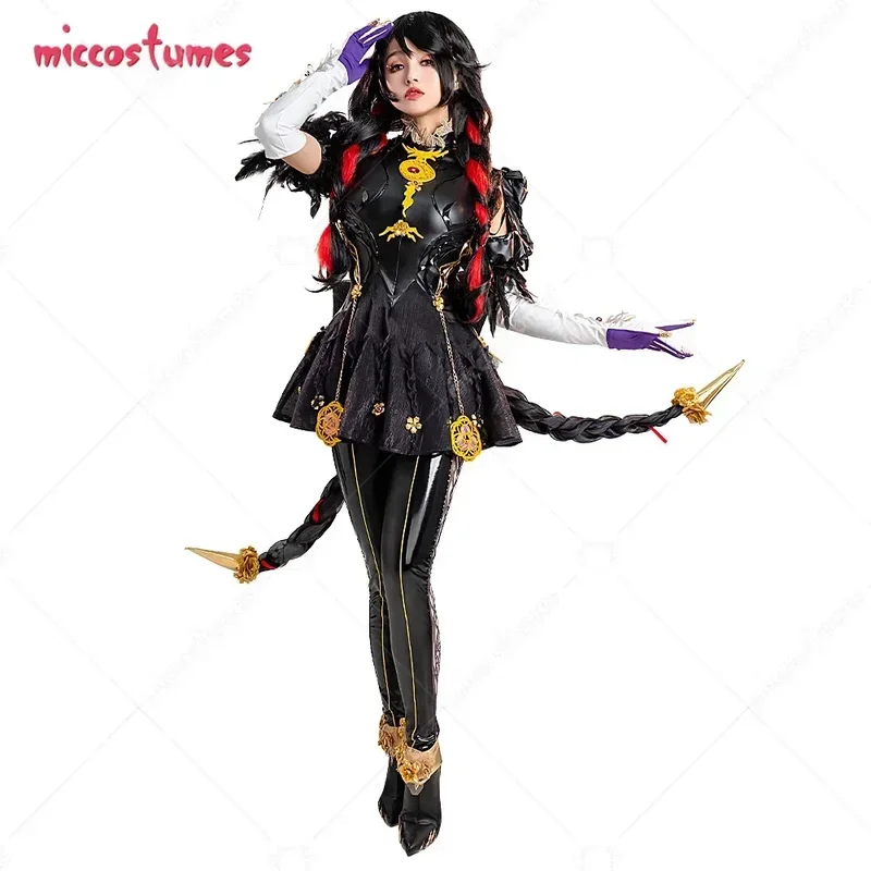 Miccostumes Disfraz de cosplay para mujer Vestido sin espalda con leggings y guantes