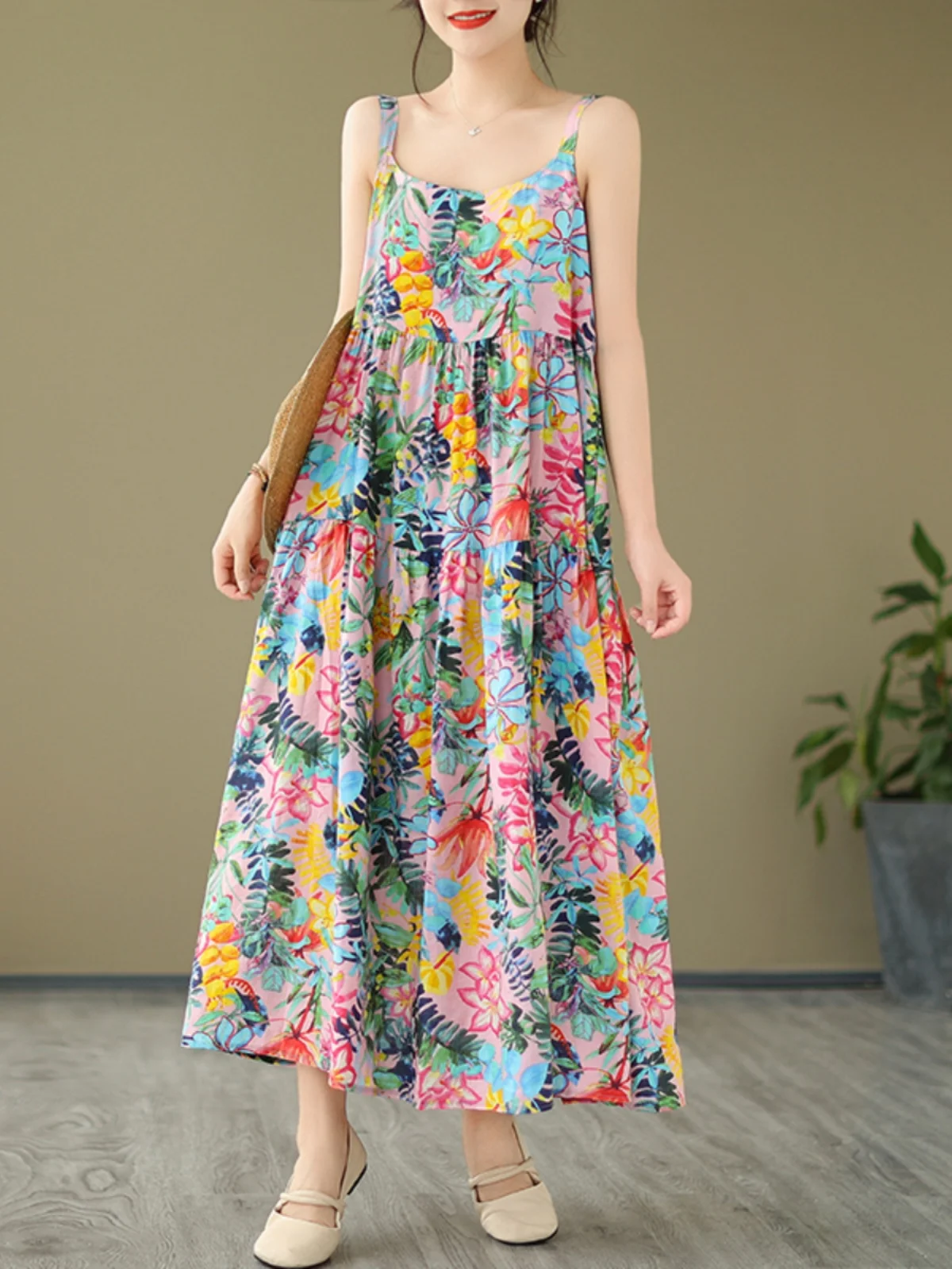 Luźna spódnica damska w kształcie litery A z bawełny i lnu, długa, z nadrukiem, z cienkiego materiału, idealna na lato, do pracy, bez szwów, z kwiatowym wzorem.