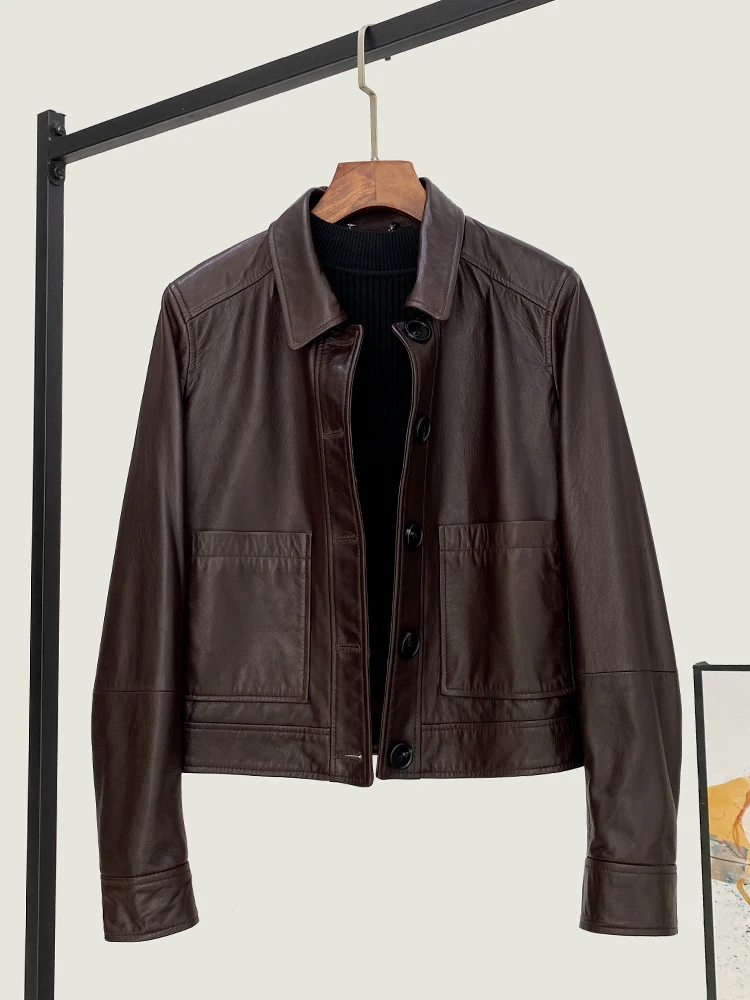 All-Match New Oil Wax Leather Short Coat 2025 Spring High Quality Genuine Real Women's Straight Lapel Sheep Jacket