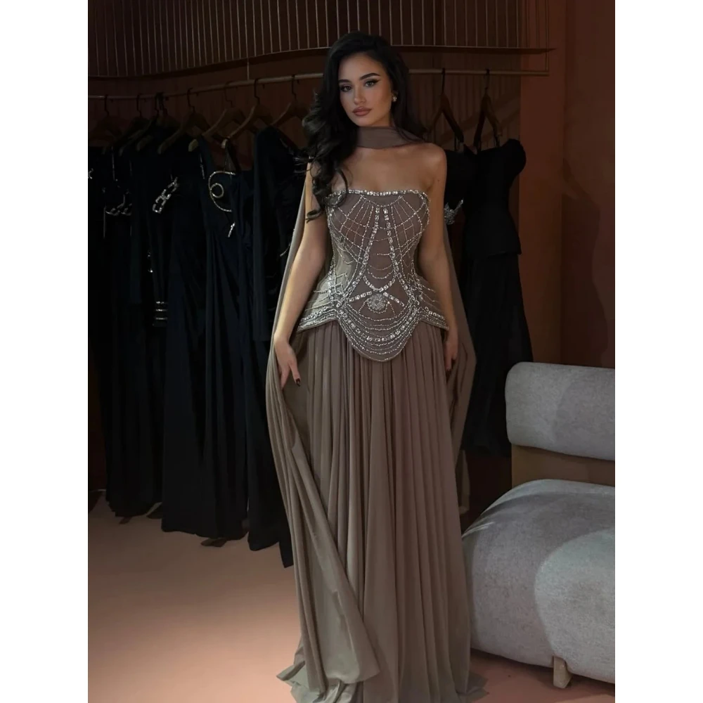 

Sexy Strapless Prom Dress Sleeveless Pleated Beadings Crystals Floor Length Prom Gown with Scarf Elegant Party Dress Customized