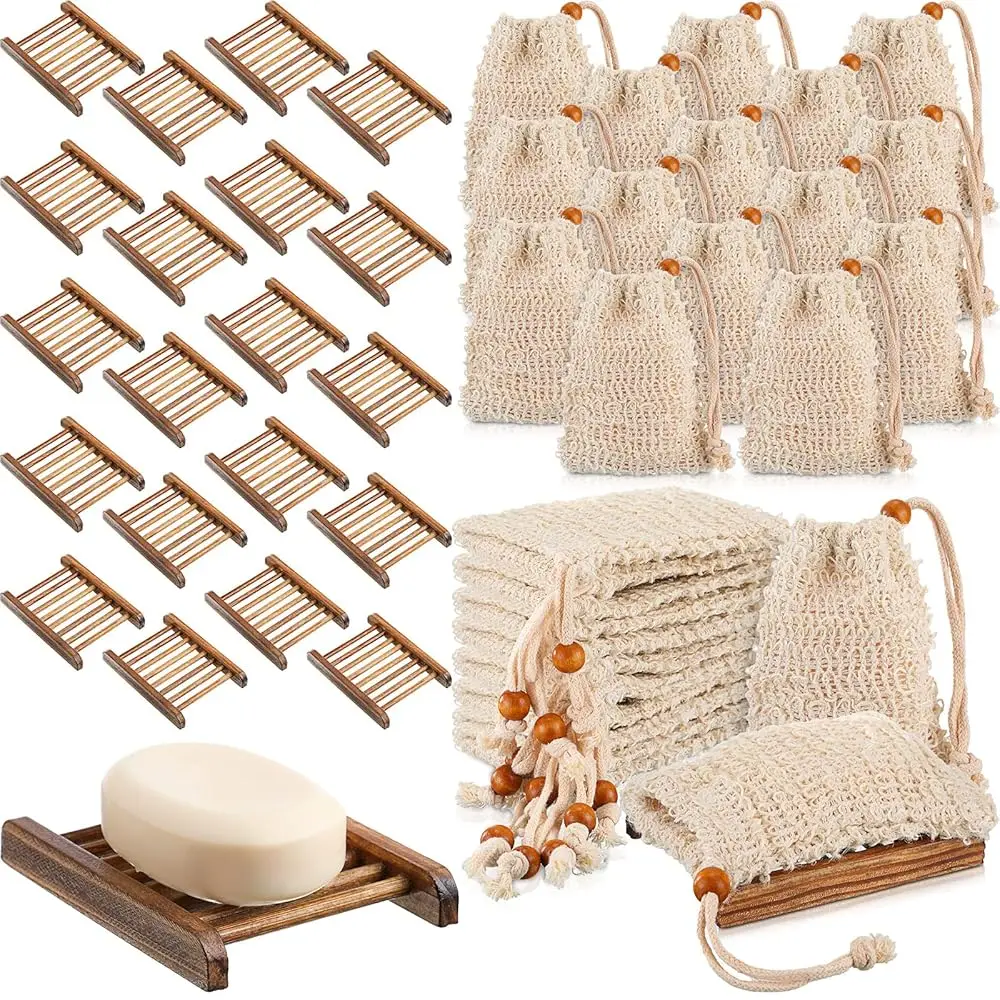 

Free Shipping-Soap Exfoliating Bag Holder Set Included Bathroom Wooden Soap Dish Pine Wood Soap Holder Tray Natural Bar Soap Pou