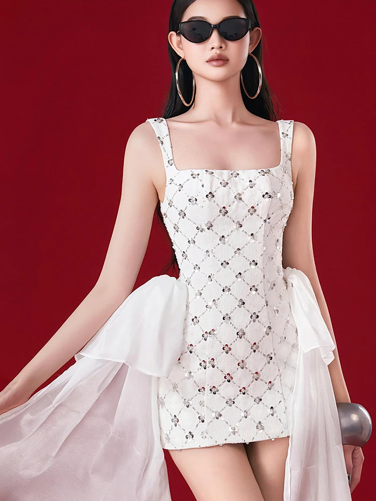 فستان Cutenew مثير بشريط شبكي للنساء مزين بالترتر وياقة مربعة بدون أكمام أنيق وحفلات أعياد الميلاد والنوادي الصغيرة #5