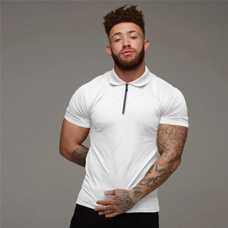 Solid Color Cotton Breathable Short Sleeve Polos Fashion Zip Collar Slim Fit Polo Shirts Gym Fitness Bodybuilding Men\'s Clothing