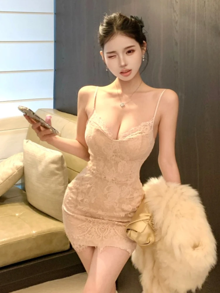 

Sexy Retro Sweet V-ne Low-cut Lace Strap Dr Slim Fit Waist Wrap Bodycon Base Skirt High Waist Lace Fabric No-sve H-pe