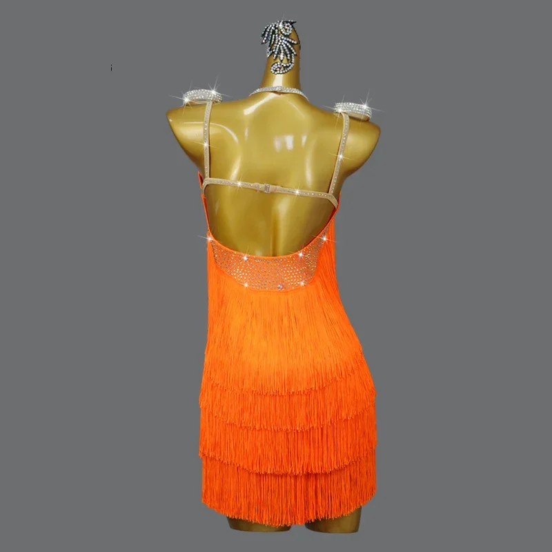 Vestido de baile latino naranja con borlas para mujer, ropa de práctica de salón de baile sexual, falda de escenario, ropa de noche, disfraz de actuación para mujer, novedad de 2024