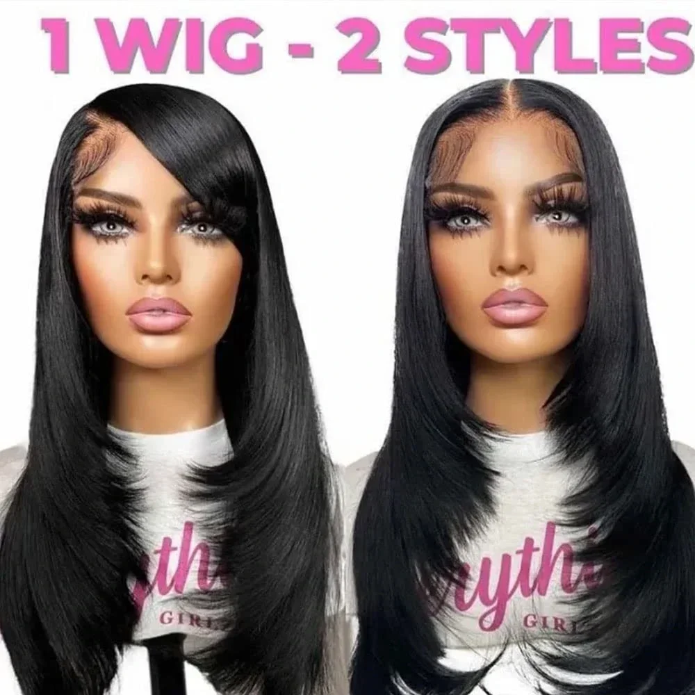 Black Straight Layered Front Wigs Straight Lace Glueless Wig HD Transparent Heat Resistant Layered Lace Front Wig Synthetic Hair image 2