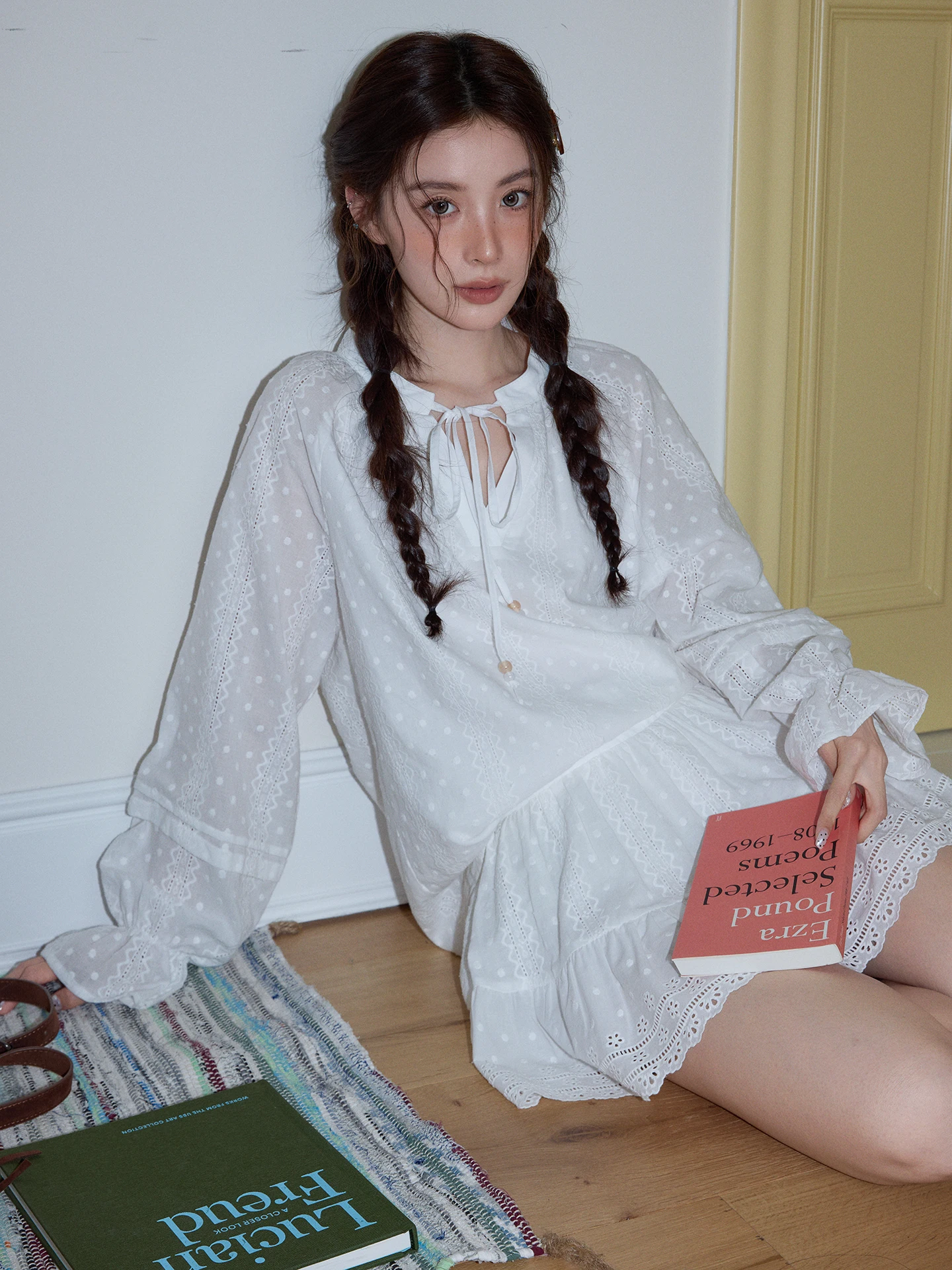 

Chic Lace Hookwork Hollow out Lightweight Women's irt Casual Loose Fit Breathable Cotton Long Sve V-Ne Spring irt