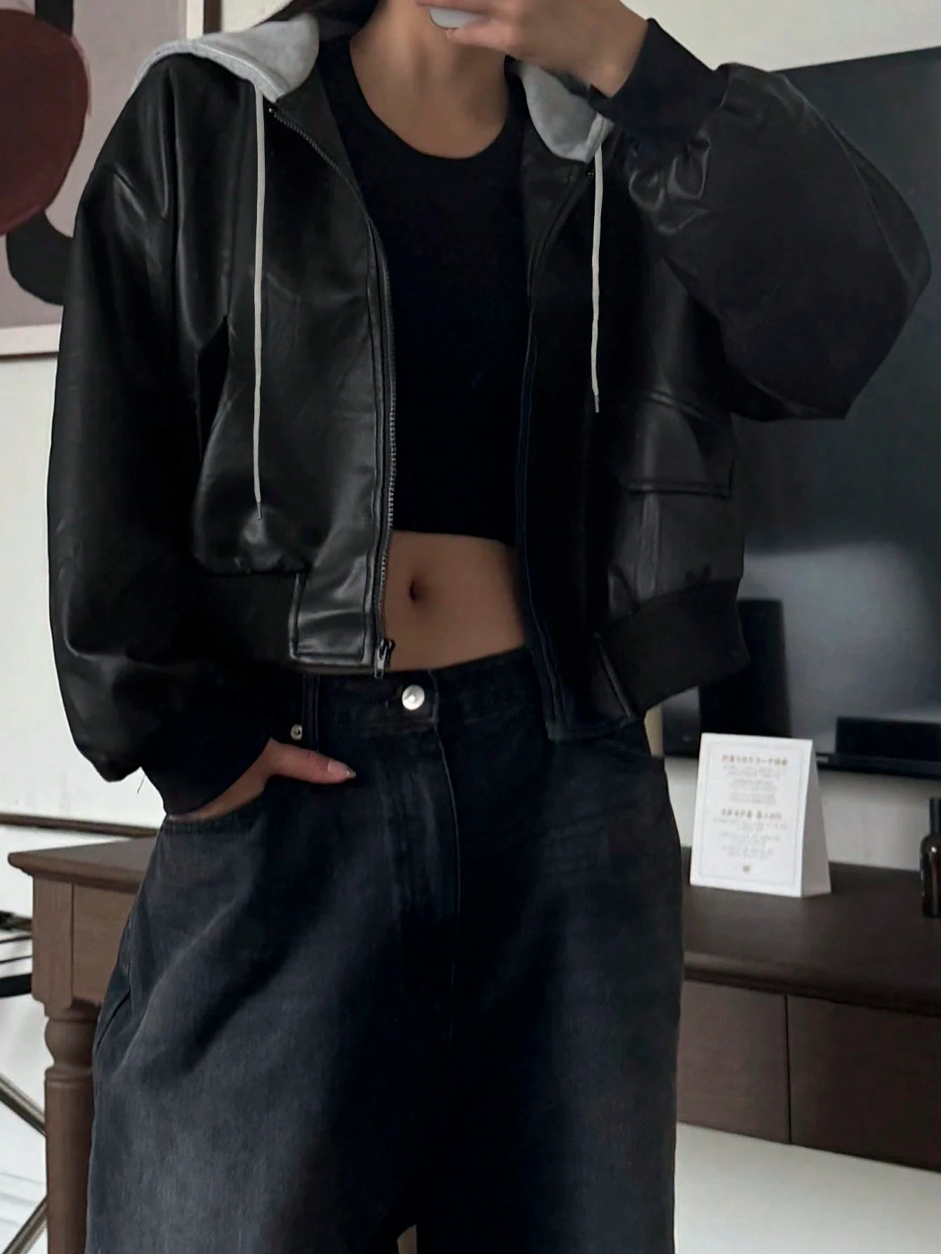 Women's casual contrast color drop shoulder long sleeve zipper hooded jacket | PU leather front zipper hooded loose jacket | Aut