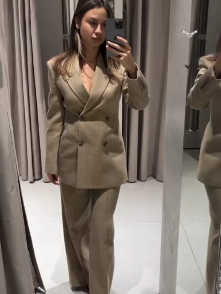 

HH Women Spring Casual 2 Piece Set Lapel Double Breasted Long Sleeve Blazer+Zipper Pockets High Waist Loose Ribbed Trousers