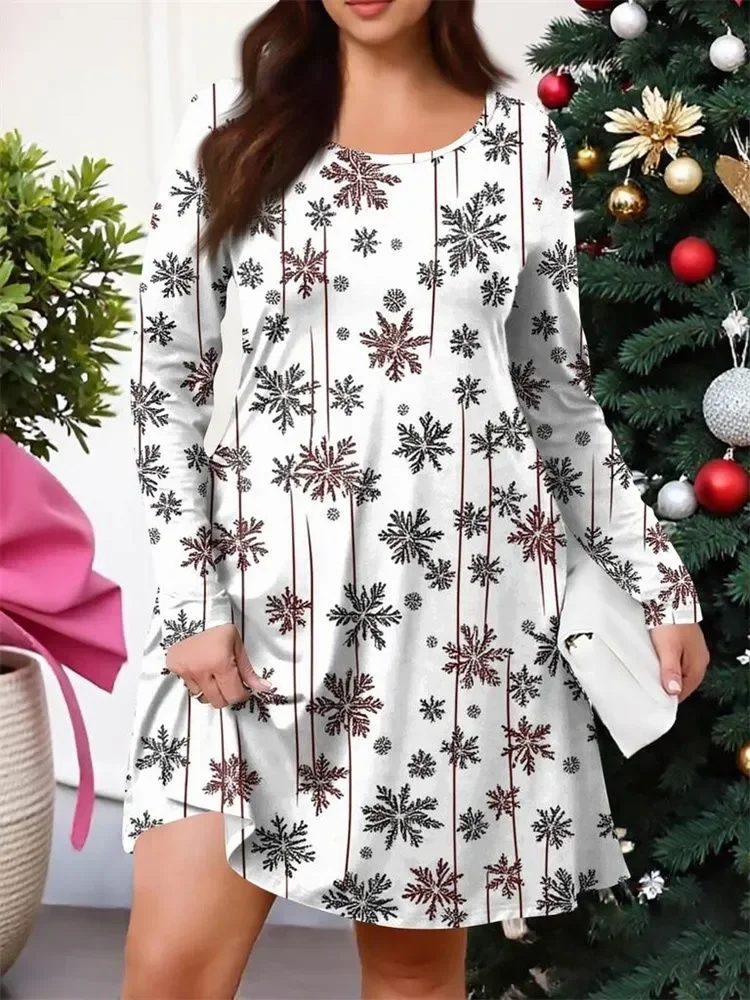 بالإضافة إلى حجم شجرة عيد الميلاد ندفة الثلج 3D طباعة فساتين الشتاء أزياء المرأة طويلة الأكمام جولة الرقبة فستان فضفاض عارضة أحجام كبيرة #3