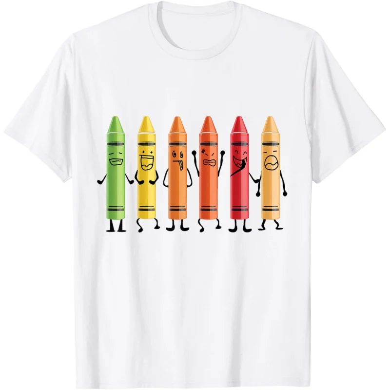 Fun Teacher Mood Color Crayon Men's and Women's Clothing Top T-shirt Short Sleeve White