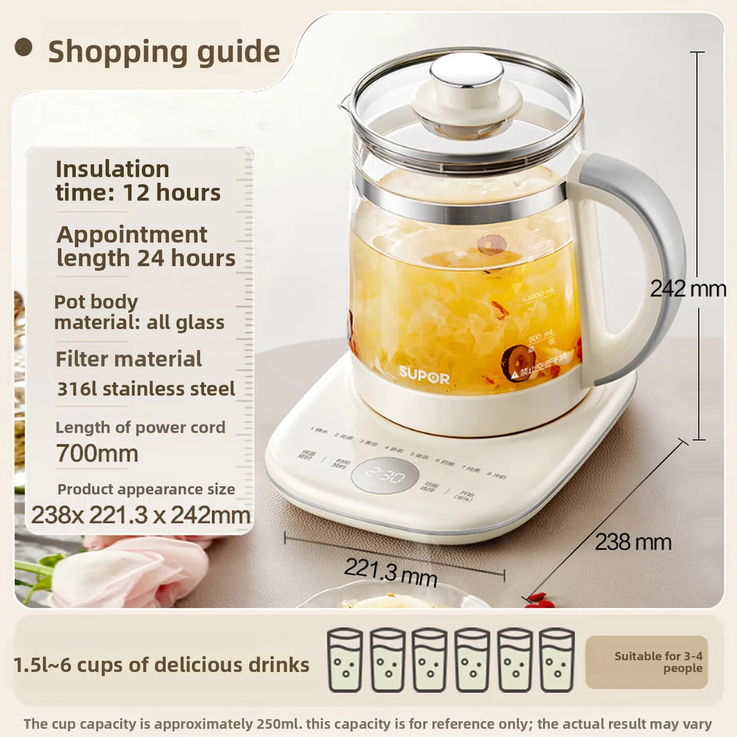1.5L Glass Electric Kettle, Constant-Temperature Tea Maker with Concealed Heating Plate, Automatic Shutoff, Protected Base