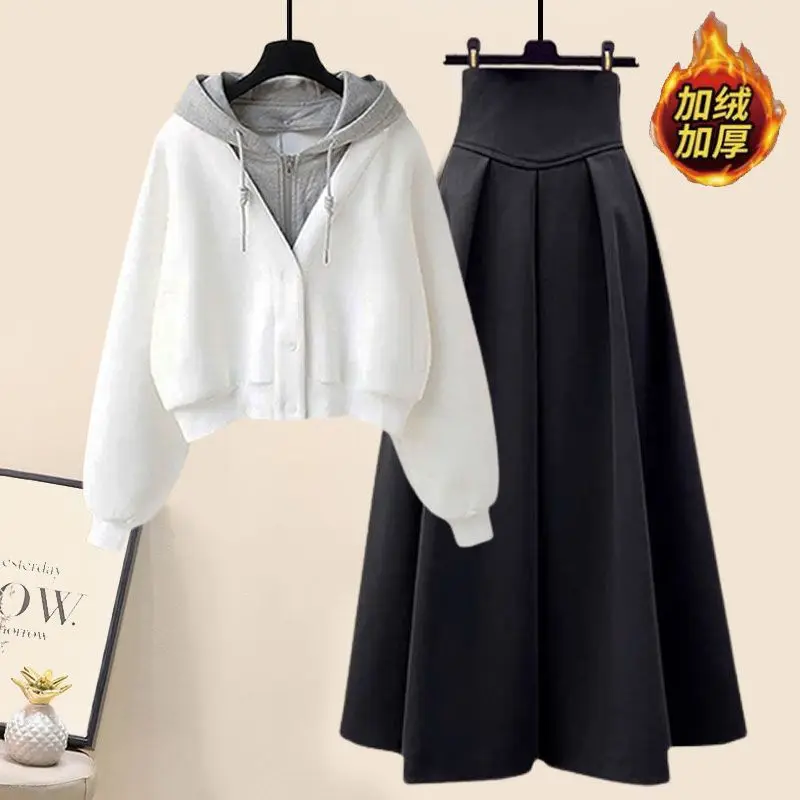 Autumn and Winter Set Women\'s 2023 New Korean Edition Slim Hooded Top High Waist Half Skirt Two Piece Set Fashion