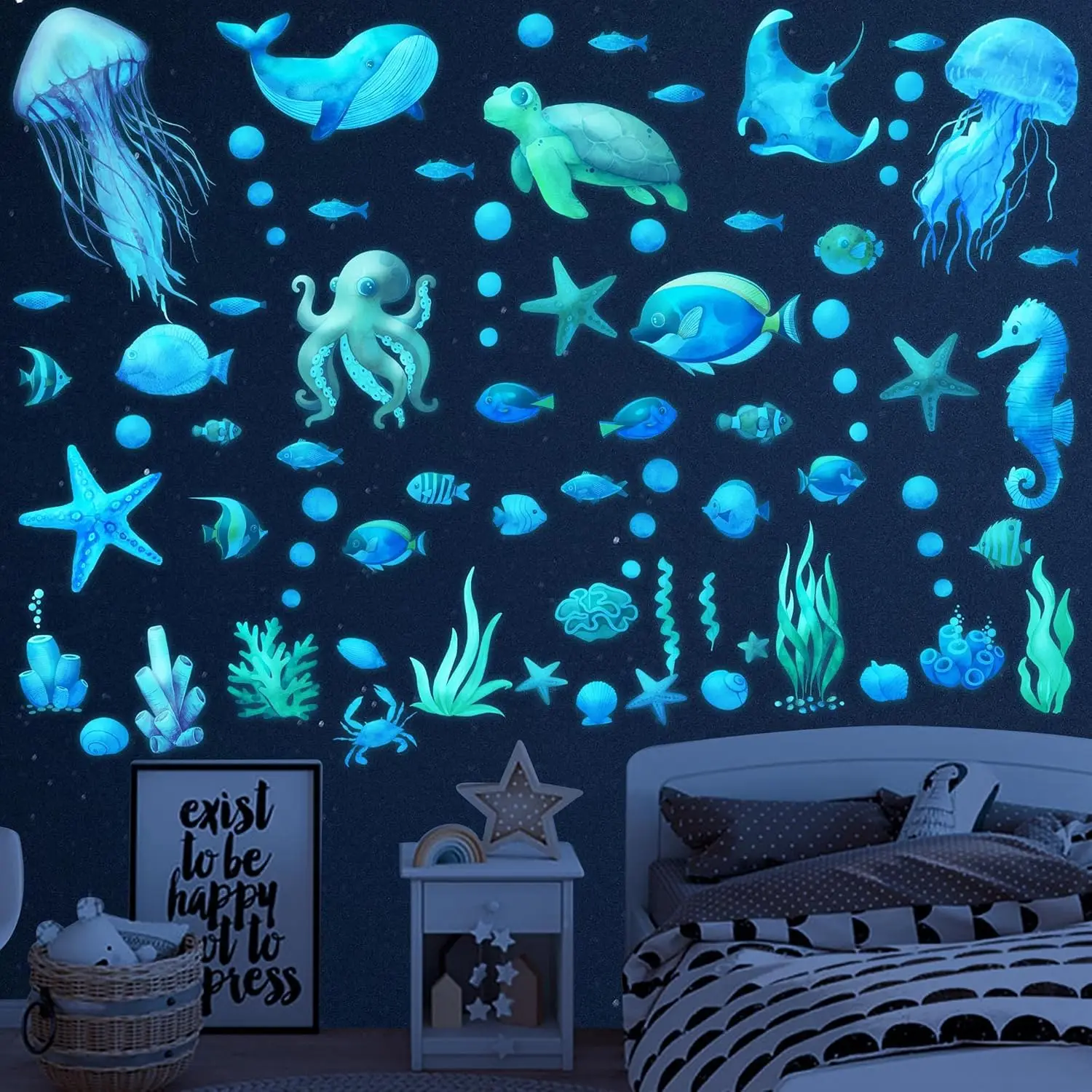 Glow in The Dark Under The Sea Wall Decals Sea Life Animals Wall Stickers Removable Waterproof Peel and Stick for Bathroom Decor