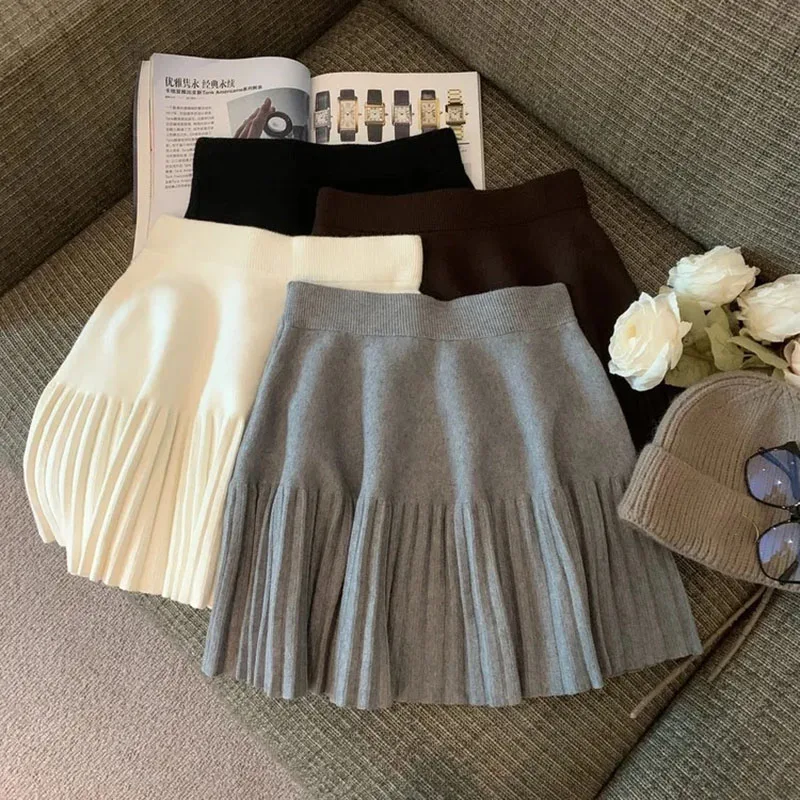 Xpqbb Knitted Pleated Skirt Women Fall Winter High-waisted A-line Skirt Female Preppy Style All-match Patchwork Mini Skirts