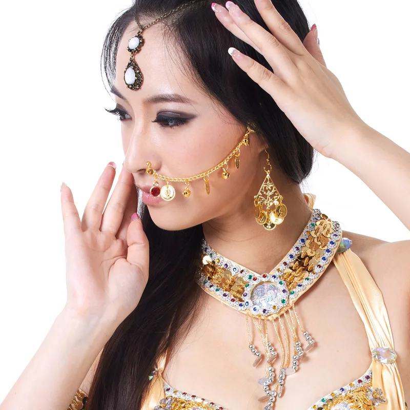 Belly Dance Nose Chain Hanging Gold Coin Jewelry Sequins Indian Dance Nose Chain Shariwar Dance Accessories Stage Performance