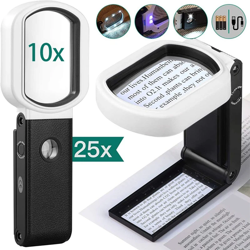 2Pcs Magnifying Glass With Light, 25X 10X Rechargeable Handheld And Standing Magnifier For Reading, Inspection, Jewelry