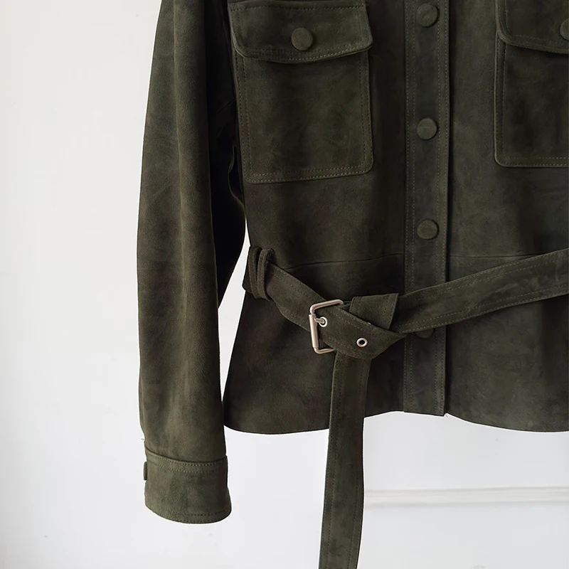 Chaqueta de piel de cabra de piel auténtica para mujer, abrigos de ante para niño, solapa informal, cinturón con cordones, chaqueta ajustada de cuero auténtico, Tops 2026