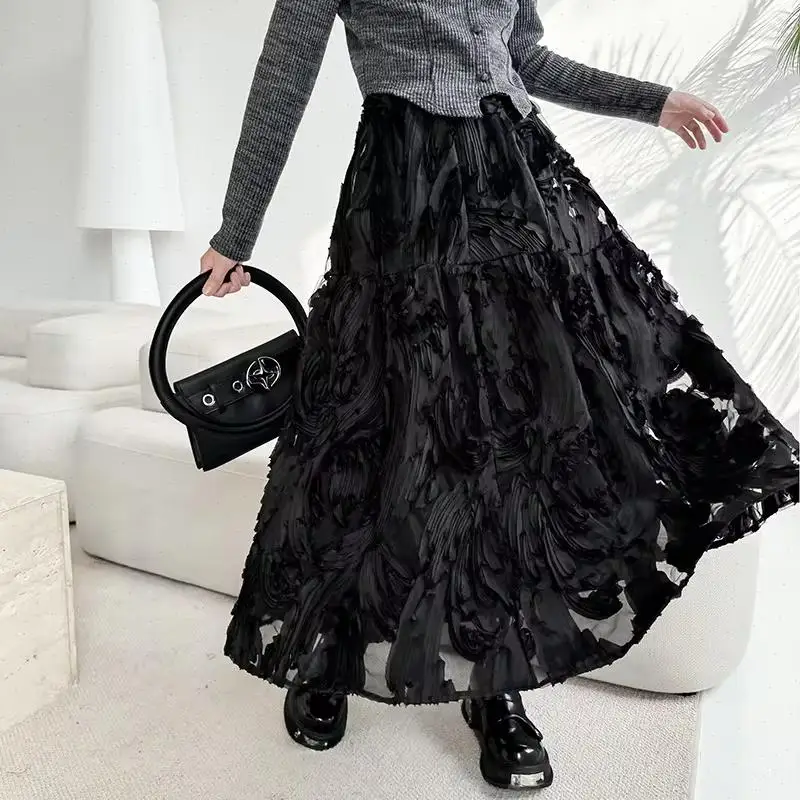 Women Skirts A Line Mesh Spliced Long Skirt Solid Elastic Waist Casual Streetwear Lady Elegant Slight Strech Autumn 2025