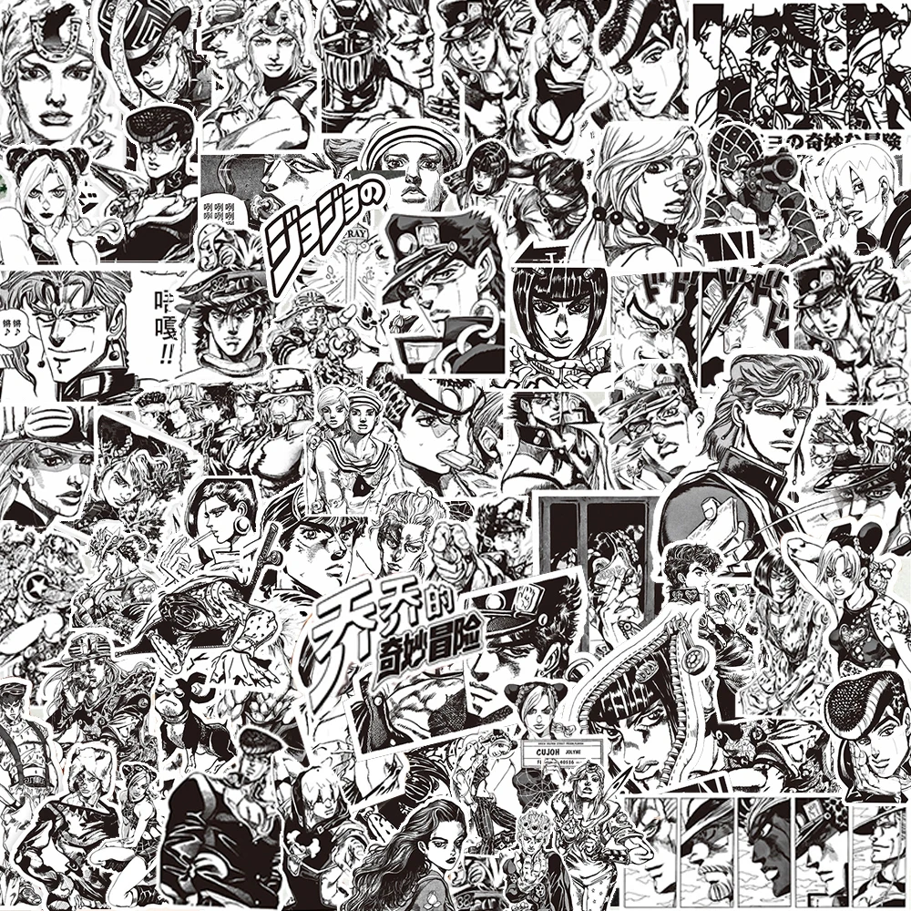10/30/77 Uds. Pegatinas de Anime JoJo Bizarre Adventure en blanco y negro, calcomanías de dibujos animados para maleta, Notebook, pegatina decorativa para portátil