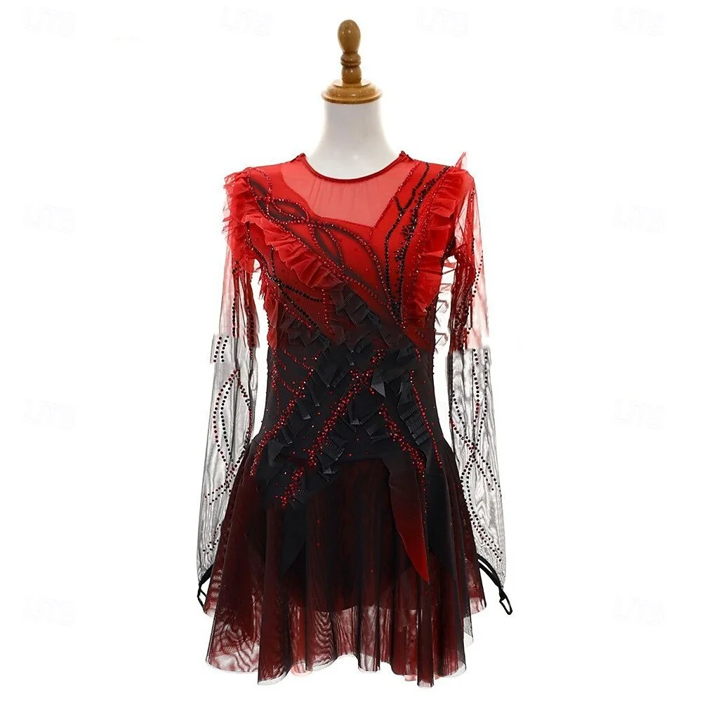 

Figure Skating Dress Women Costume Mesh Long Sleeve Rhinestone Skirt Elegant Competition Training Performance Wear Stretch
