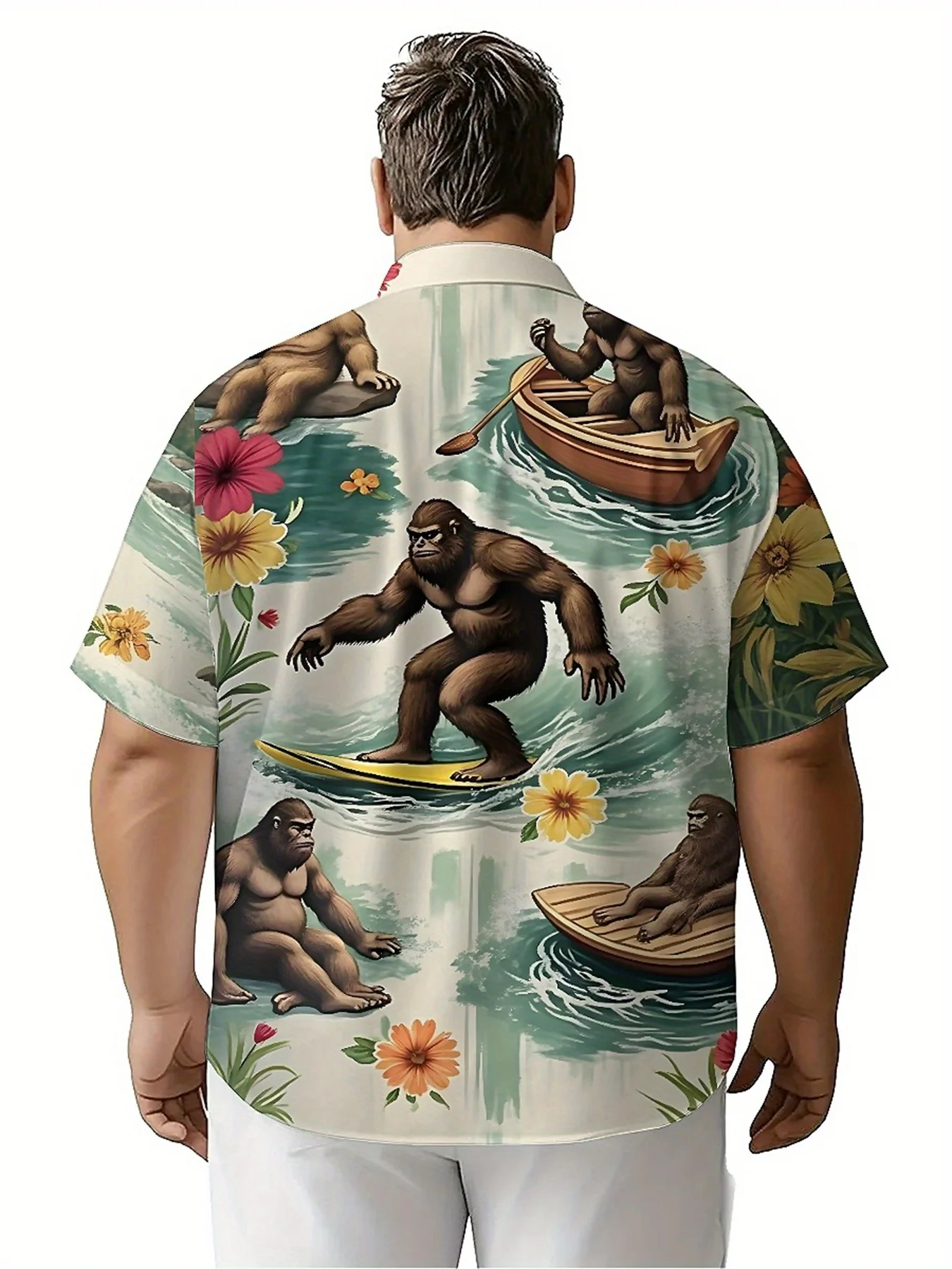 Men's Plus Size Hawaiian ShirtsGorilla Surfing and Dancing with Nature_pattern,Premium Comfort Youth Clothes,Streetwear Y2K Tops