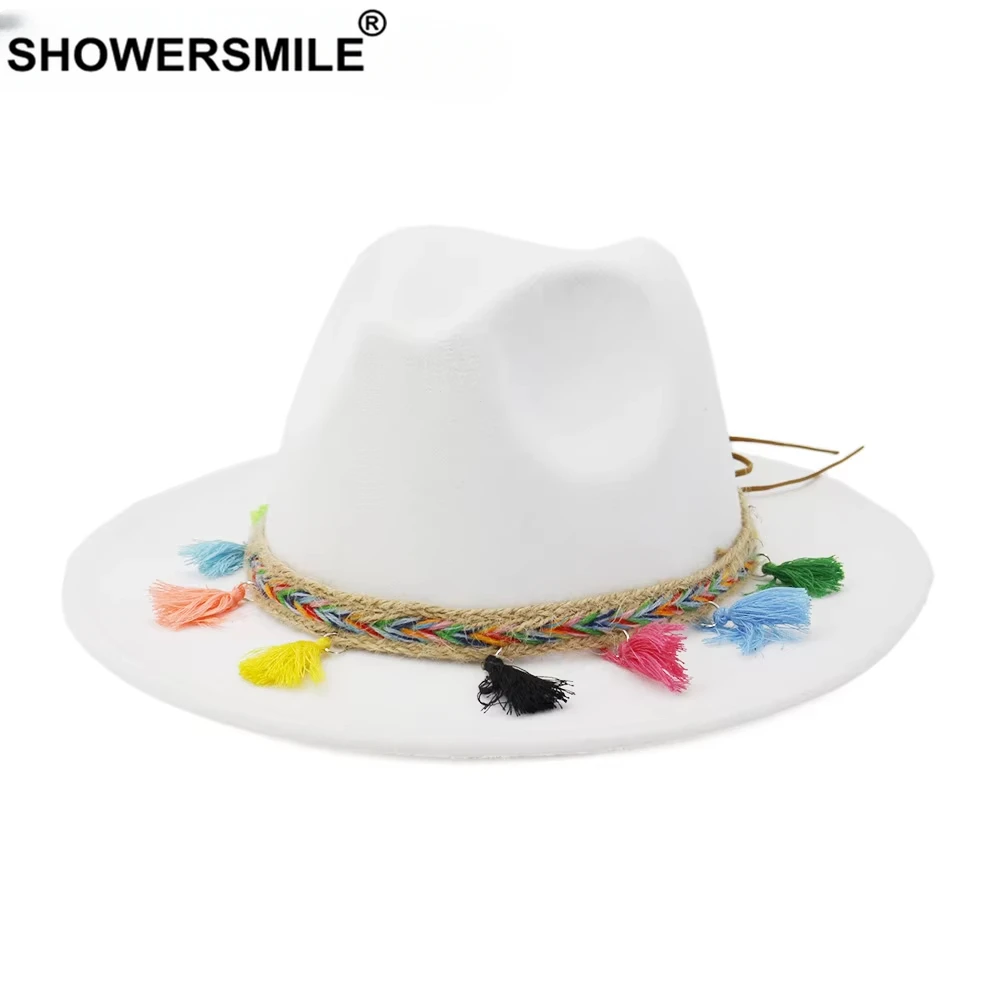 HOAREE White Fedora Colorful Belt Fashion Design Filcowy kapelusz dla kobiet Damski kapelusz Trilby z frędzlami podróżny Fedora Panama Hat