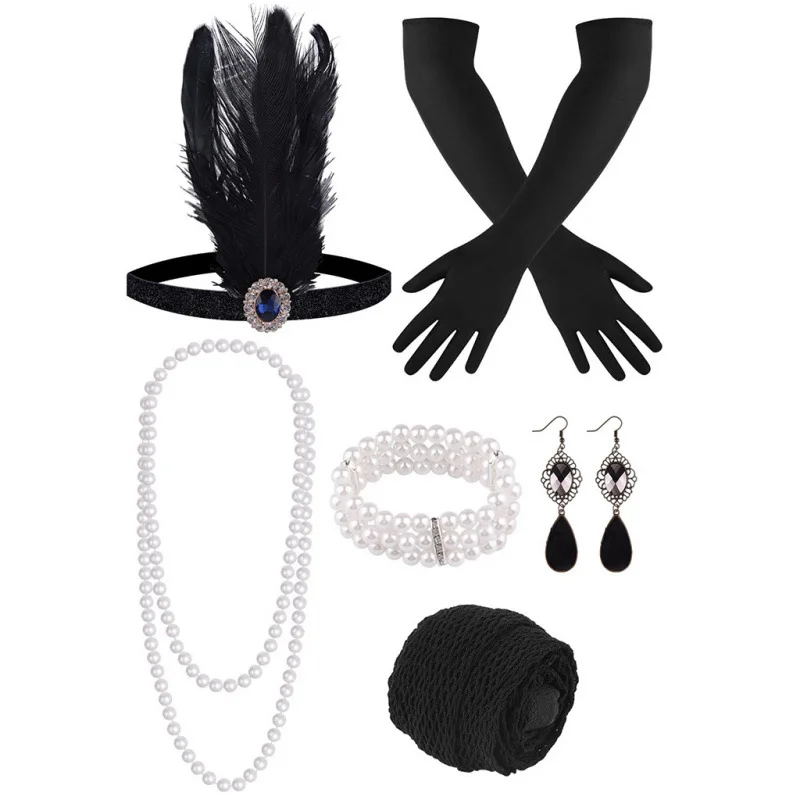 

Винтажный комплект 1920-х годов: повязка на голову с перьями, ожерелье и перчатки для девичника