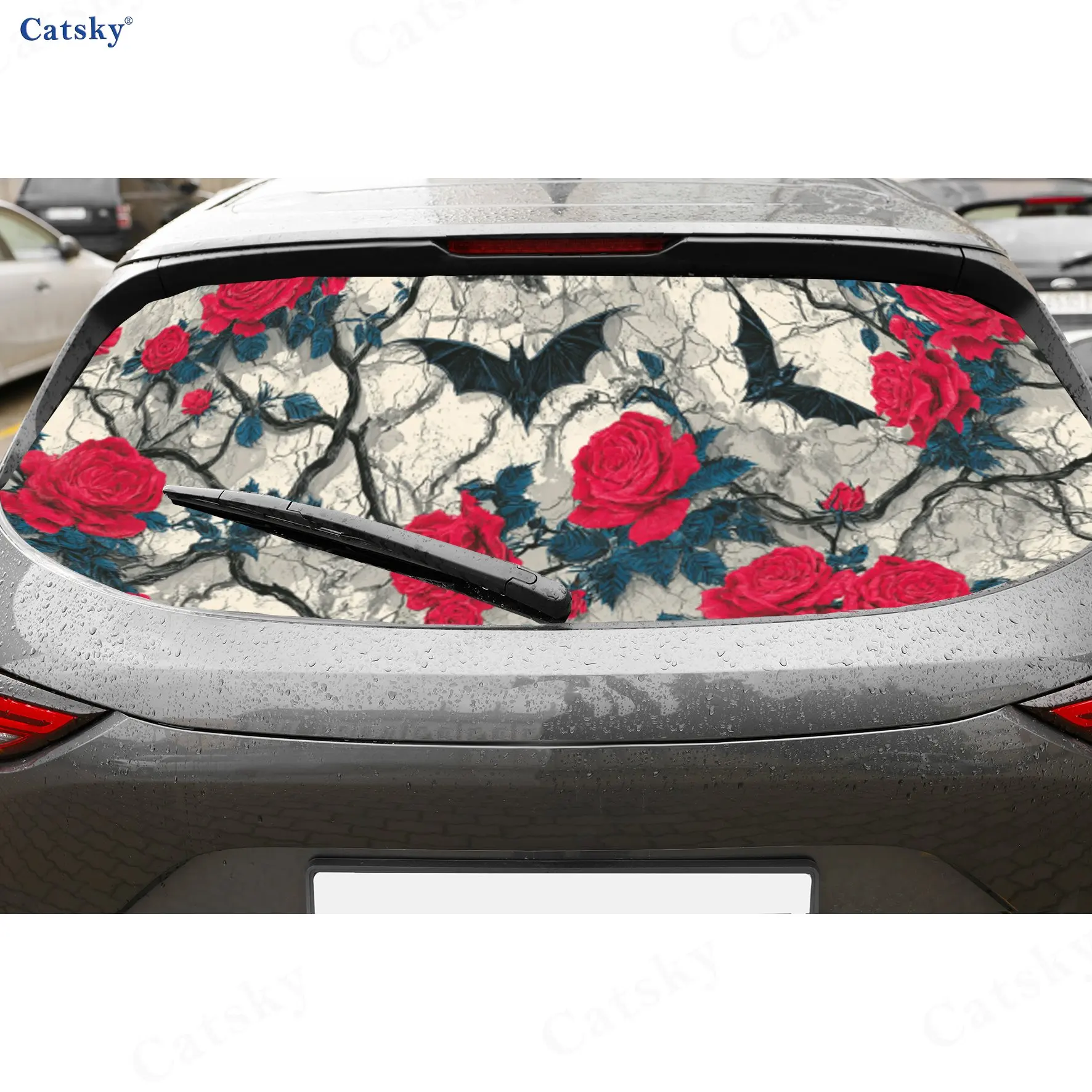 

Blooming Red Roses, Vines, Black Bats PVC Perforated Car Vinyl Wraps, Durable Car Rear Windshield Sticker, Waterproof Car Rear W