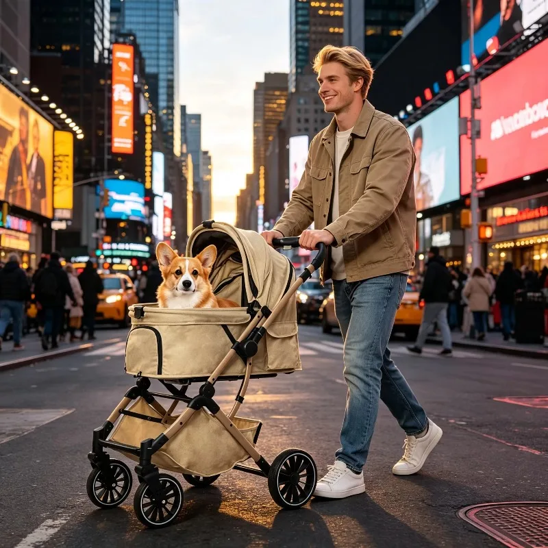 Lightweight Pet Stroller, One-Hand Foldable & Reversible Push