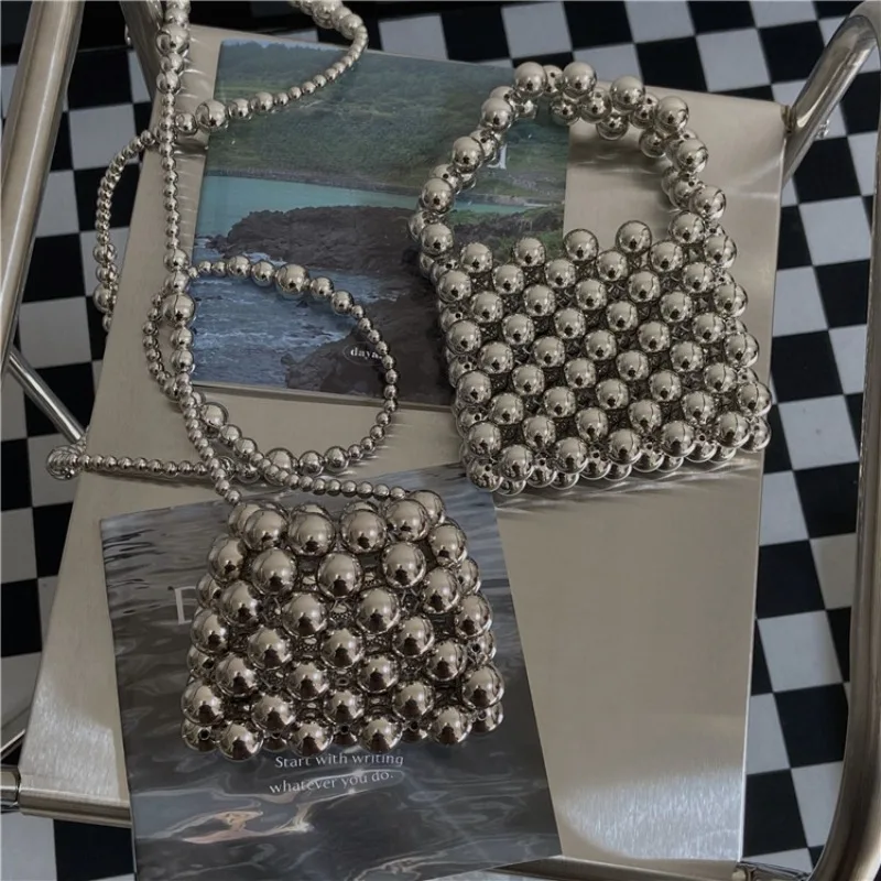 DIY Premium Metal Silver Crossbody Bag DIY Handmade Woven Beaded Bag Handheld One Shoulder Mini Cute Small Pearl Chain Bag