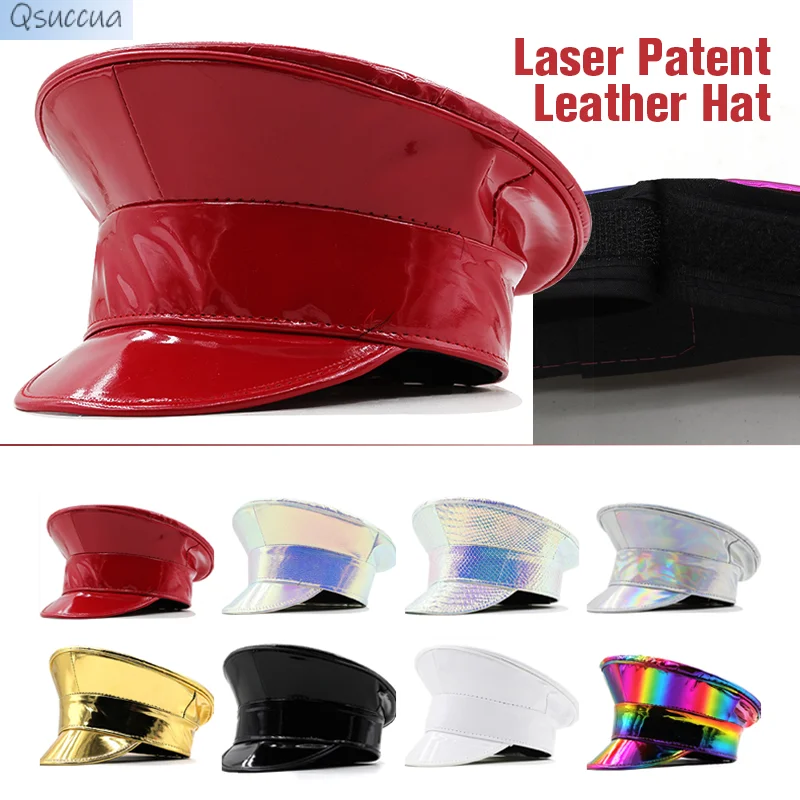 

Colorful Laser Patent Leather Flat Top Hat Female Party Leather Navy Hat Glossy Performance Beret