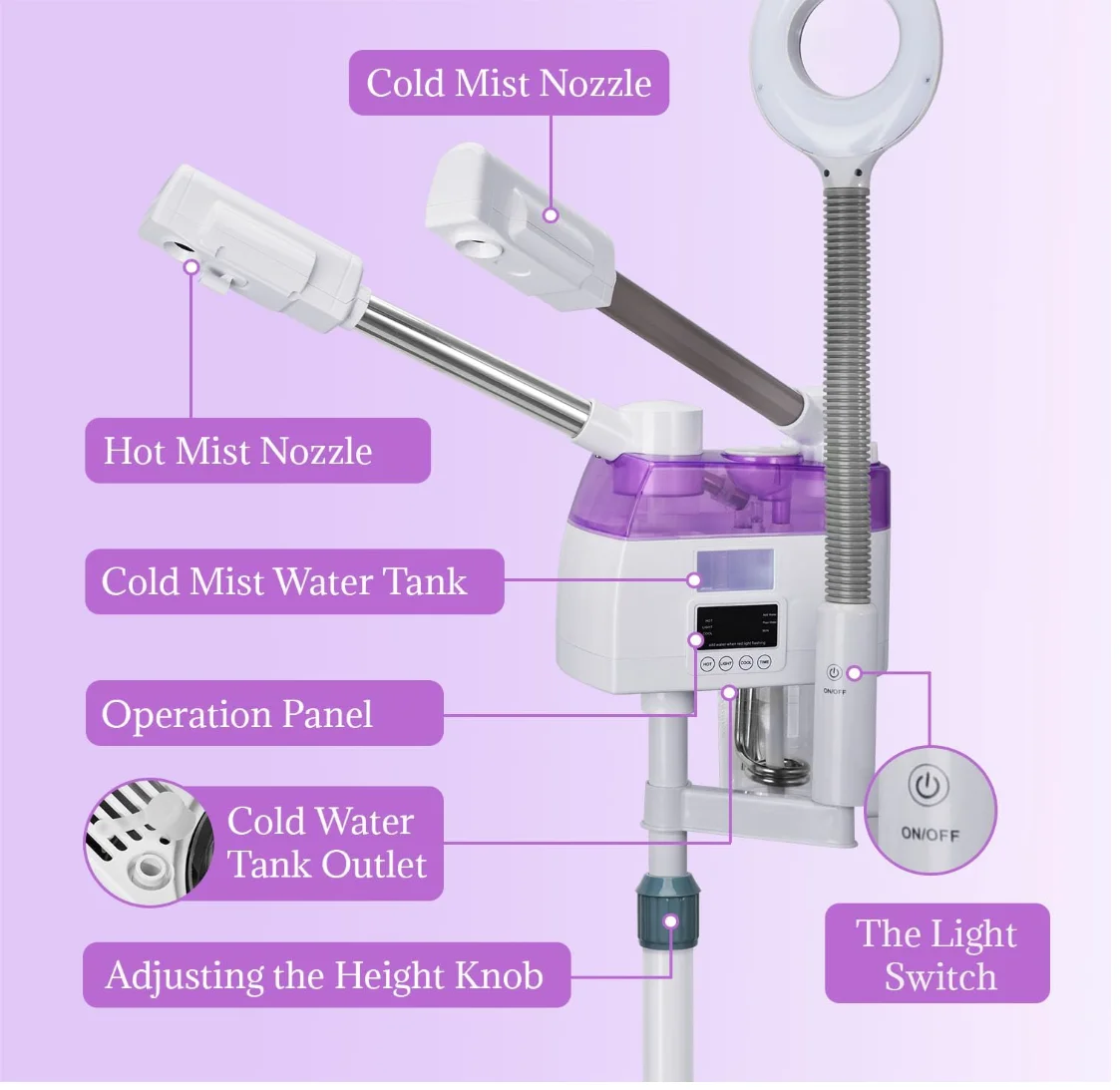 Salon Facial Steamer Hot & Cold Nano Spray LED Indicator Standing Type with Magnifying Light for Fac Moisturizing
