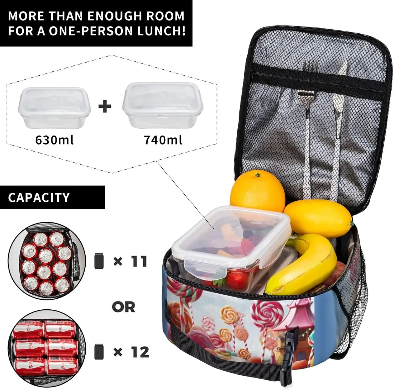 Sweet Candy Backdrop Lunch Bag For Women Men Insulated Reusable Lunch Box Cooler Totes For Work Office Picnic Camping Travel