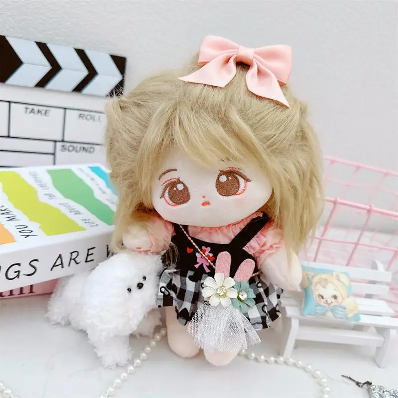 

4Pcs Kawaii Black Lattice Suit Plush Idol Doll Cute Fat Body Stuffed Cotton No Attributes Girls Doll 20cm DIY Clothes Accessory