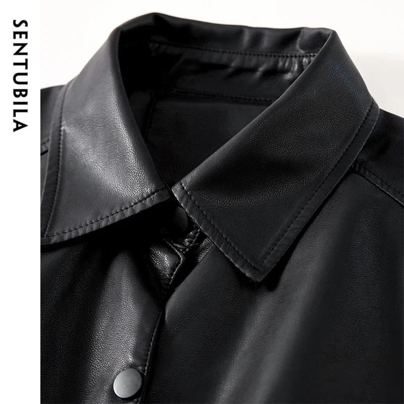 SENTUBILA Giacche in ecopelle Donna 2025 Primavera Autunno Nero Manica a goccia Crop Pu Giacca Donna Tuta sportiva Abbigliamento donna W51G58695