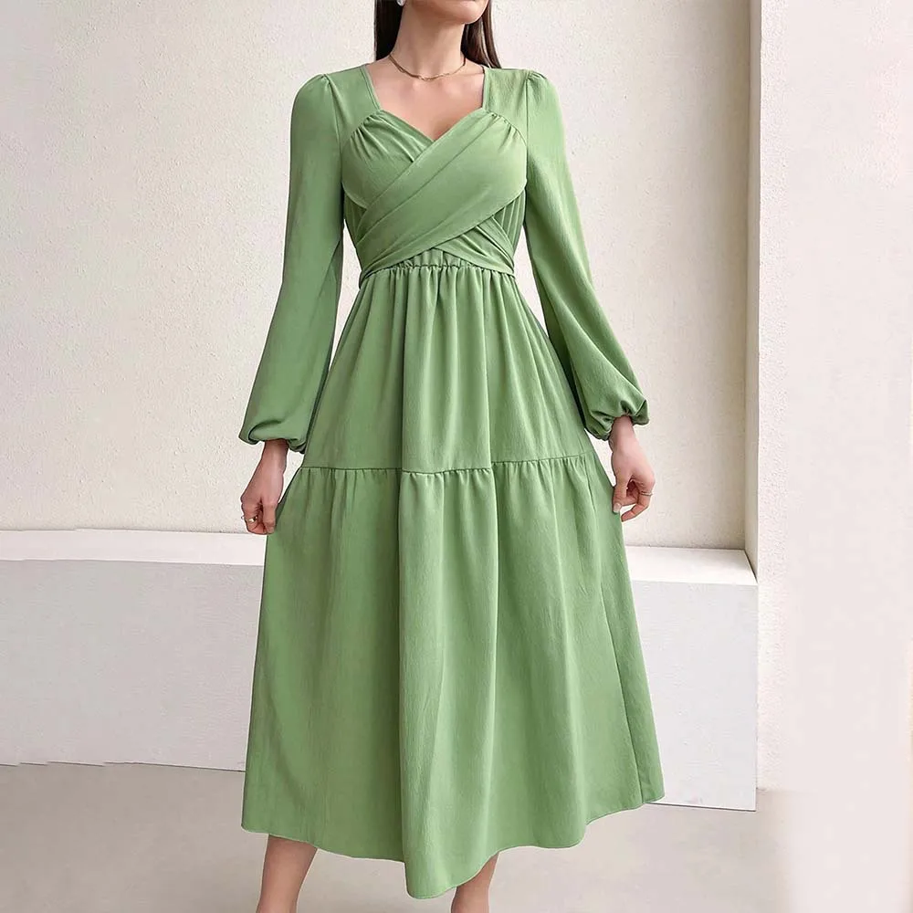 Elegant V Neck Midi Dress for Women Spring Summer Fashionable Green Slimming Casual Daily Wear