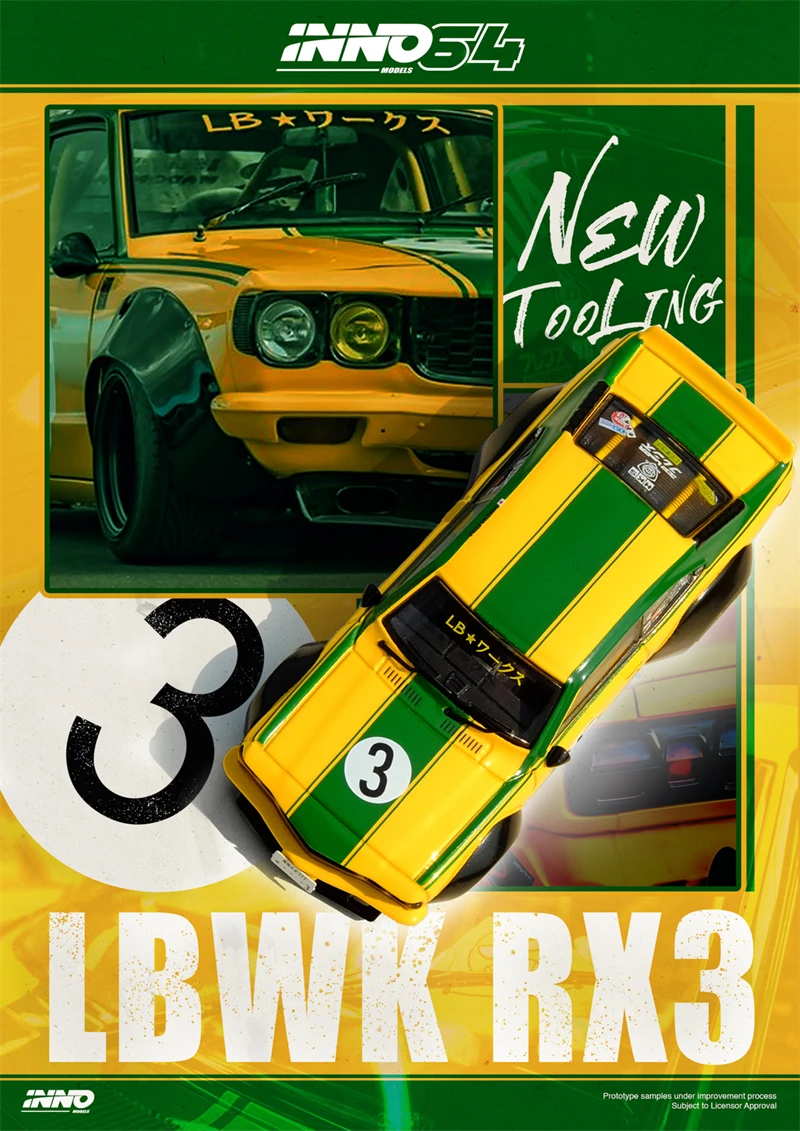 INNO-LBWK RX3 SAVANNA #3 Diecast Model Car, amarelo e verde, 1:64